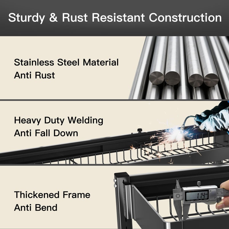 BOOSINY 3 Tier Extra Large Stainless Steel Expandable Over The Sink Dish Drainer Drying Rack, Rust Proof Metal, Space Saving, Modern Black Big Capacity Extendable Plate Strainers Above Kitchen Counter - Image 2