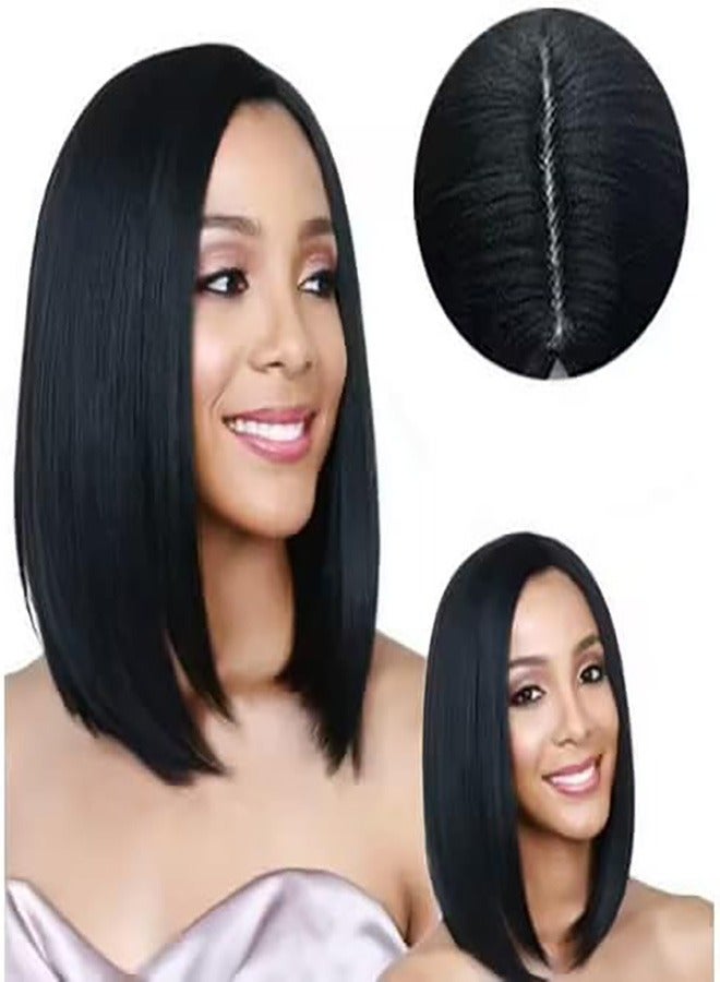 إستيل شعر مستعار مصنوع من الألياف المقاومة للحرارة مع غرة للنساء، شعر مستعار كامل ذو مظهر طبيعي (أسود قصير بوبو بدون هامش) - Image 1