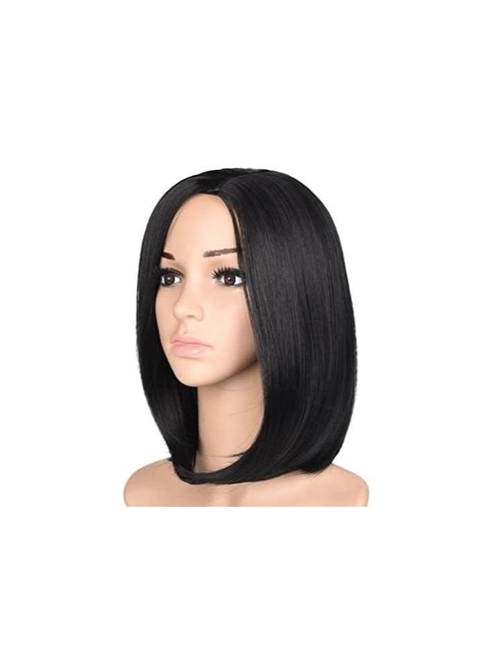 إستيل شعر مستعار مصنوع من الألياف المقاومة للحرارة مع غرة للنساء، شعر مستعار كامل ذو مظهر طبيعي (أسود قصير بوبو بدون هامش) - Image 2