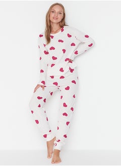 Ecru 100% Cotton Heart Tshirt-Jogger Knitted Pajamas Set THMAW21PT0566