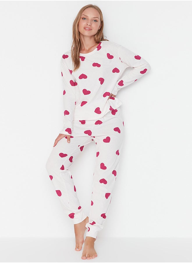 trendyol - Ecru 100% Cotton Heart Tshirt-Jogger Knitted Pajamas Set THMAW21PT0566 - Image 1