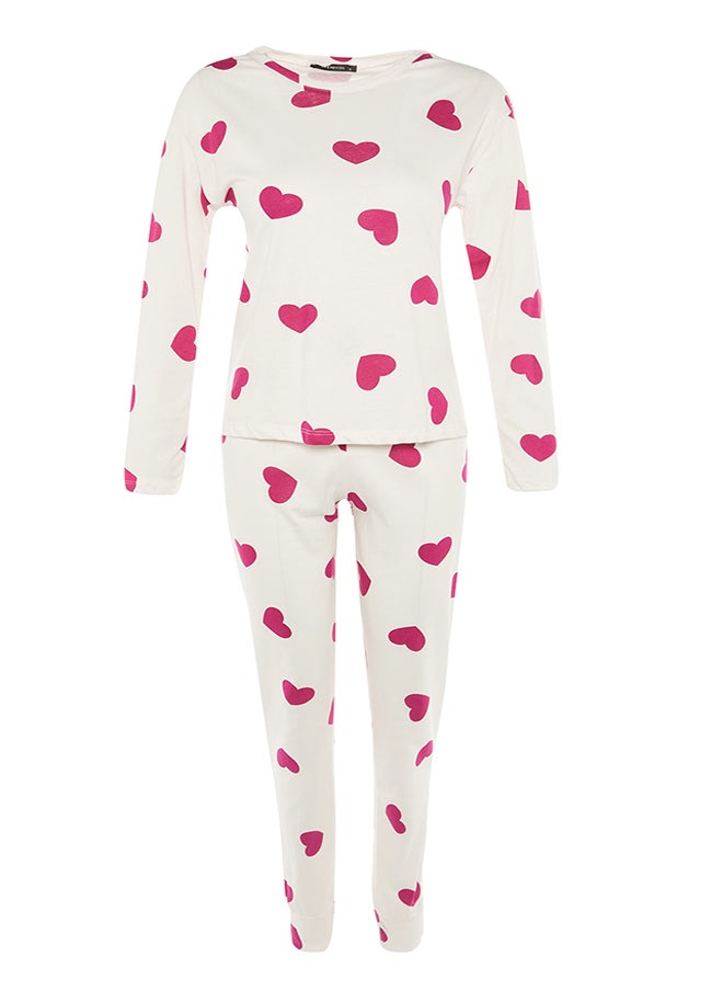 trendyol - Ecru 100% Cotton Heart Tshirt-Jogger Knitted Pajamas Set THMAW21PT0566 - Image 1