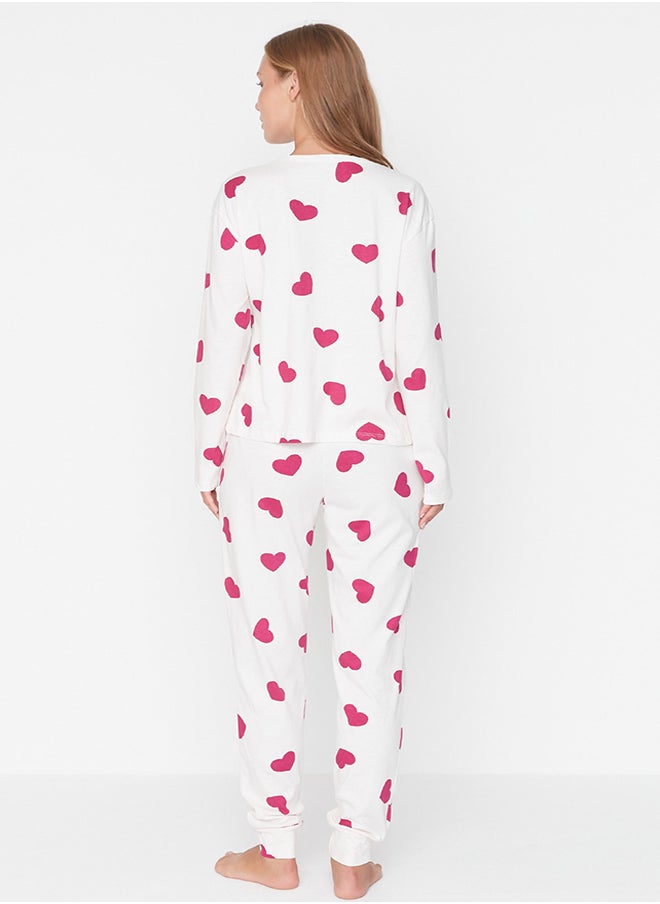 trendyol - Ecru 100% Cotton Heart Tshirt-Jogger Knitted Pajamas Set THMAW21PT0566 - Image 1
