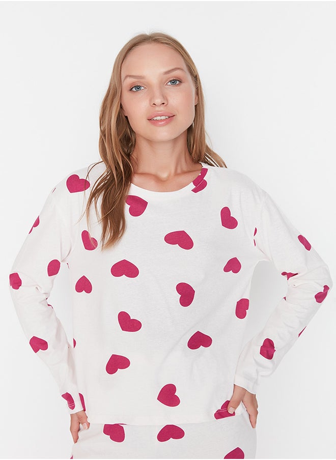 trendyol - Ecru 100% Cotton Heart Tshirt-Jogger Knitted Pajamas Set THMAW21PT0566 - Image 1