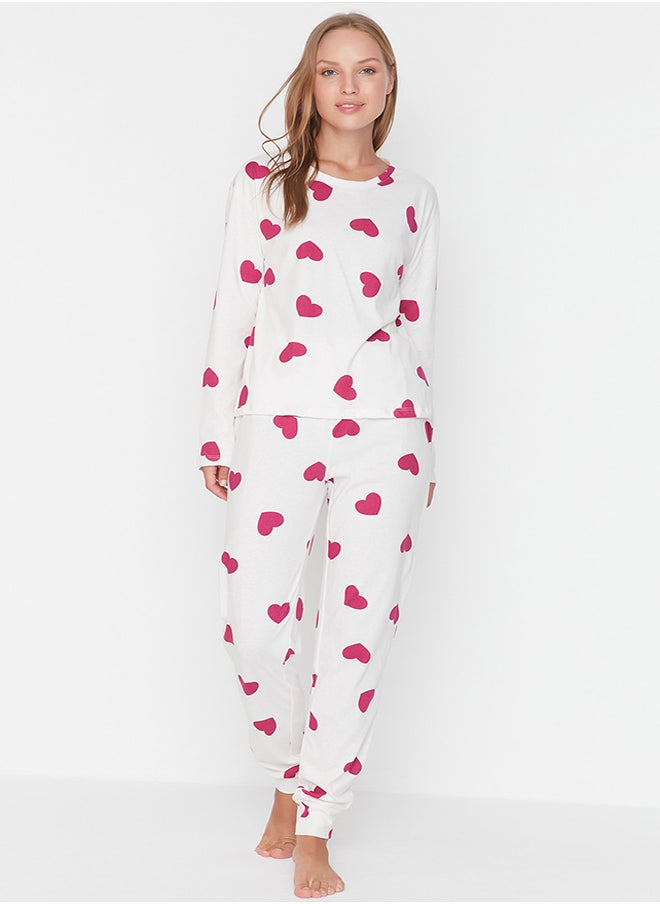 trendyol - Ecru 100% Cotton Heart Tshirt-Jogger Knitted Pajamas Set THMAW21PT0566 - Image 1