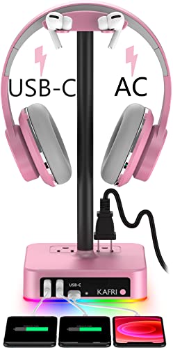 KAFRI RGB Headphone Stand with USB Charger Desk Gaming Headset Holder Hanger Rack with 3 USB Charging Port and 2 Outlet - Suitable for Gamer Desktop Table Game Earphone Accessories Girlfriend Gift - Image 1