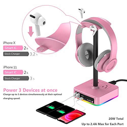 KAFRI RGB Headphone Stand with USB Charger Desk Gaming Headset Holder Hanger Rack with 3 USB Charging Port and 2 Outlet - Suitable for Gamer Desktop Table Game Earphone Accessories Girlfriend Gift - Image 3