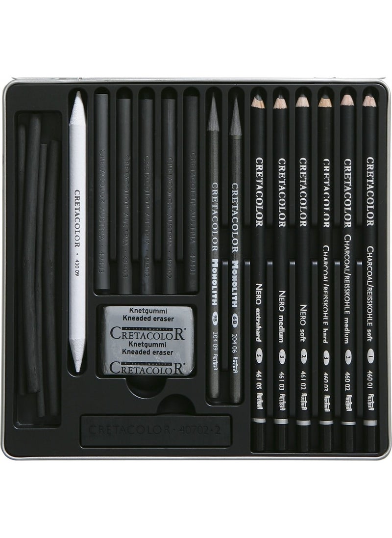 Cretacolor - Black Box Charcoal Drawing Set Charcoal Sketch Drawing Set Metal Box 20 Pieces - Image 1