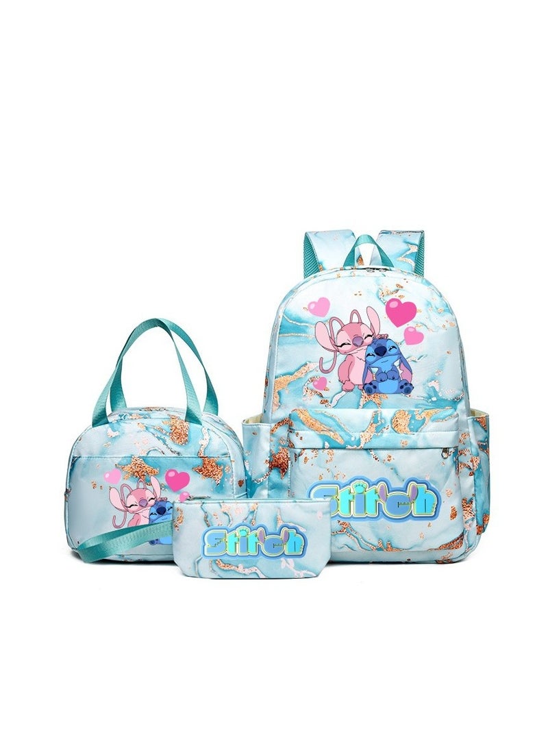 Stitch Golden Quicksand Texture Schoolbag Waterproof Primary and Secondary School Student Backpack Youth Travel Backpack 31*43*15CM + Lunch Bag 27*20*20CM + Pencil Case Three-piece Set