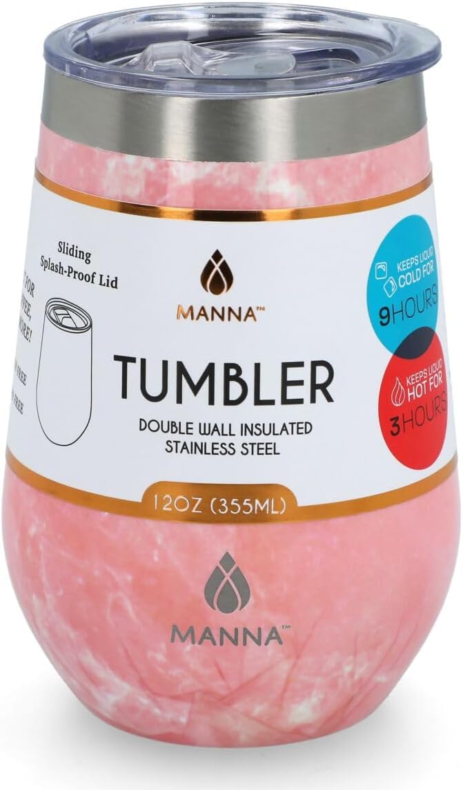 MANNA Marble Pattern Double-Wall Insulated Stainless Steel Tumbler with Sliding Lid Pink 355ml, 74558003 - Image 2