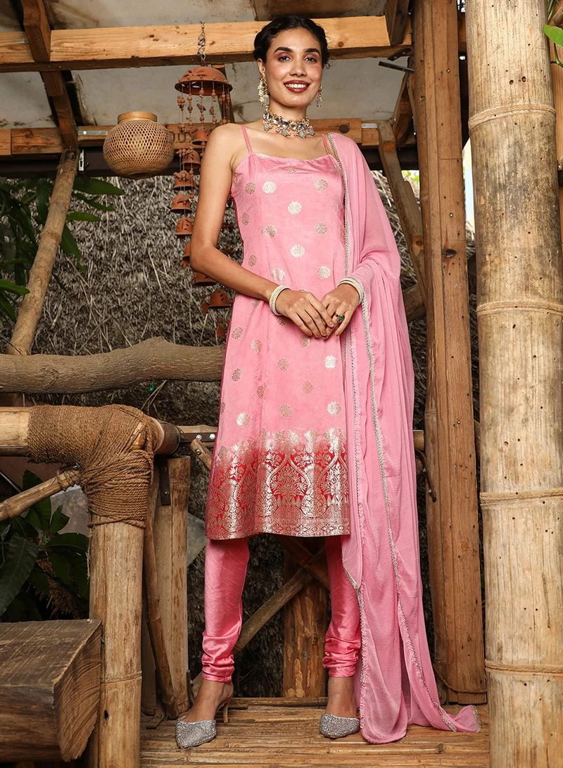 QISSA Women's Peach Pink Floral Zari Anarkali Set