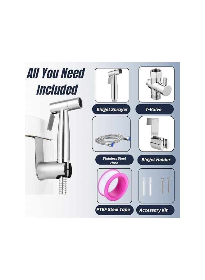 The Bros Bidet Sprayer for Toilet - Chrome Finish Shattaf Set with 57" Hose and Enhanced Stainless Steel Brushed Nickel for Feminine & Baby Wash, Includes Pressure Control T-Valve, Rubber Washers,Tape - Image 2