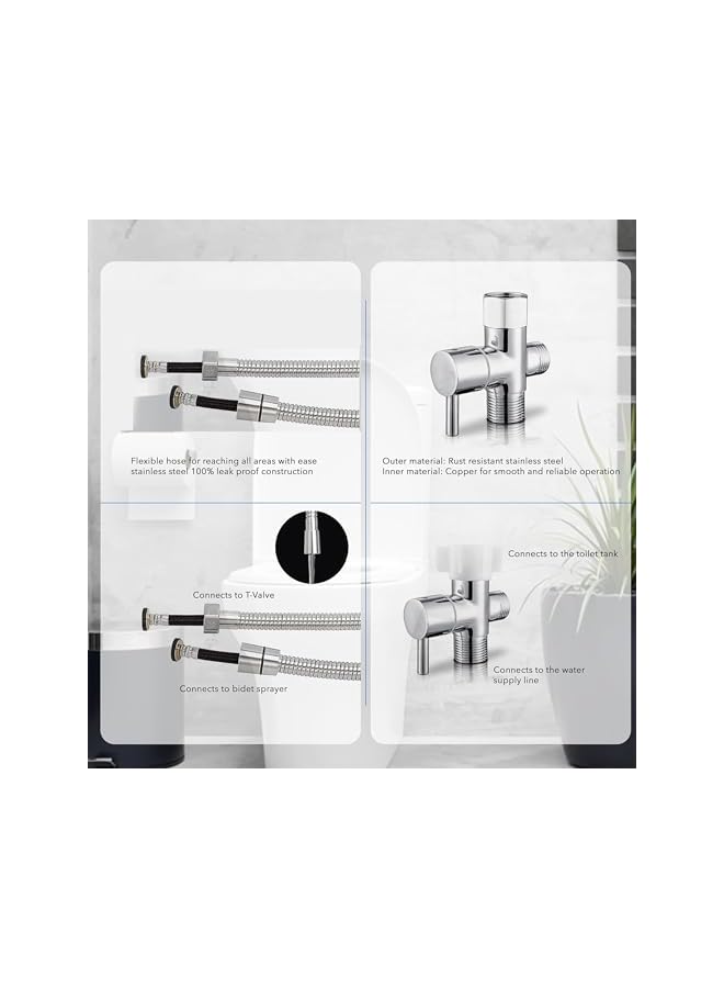 The Bros Bidet Sprayer for Toilet - Chrome Finish Shattaf Set with 57" Hose and Enhanced Stainless Steel Brushed Nickel for Feminine & Baby Wash, Includes Pressure Control T-Valve, Rubber Washers,Tape - Image 3