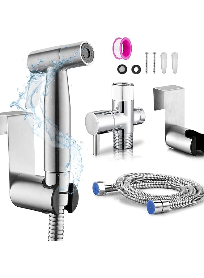 The Bros Bidet Sprayer for Toilet - Chrome Finish Shattaf Set with 57" Hose and Enhanced Stainless Steel Brushed Nickel for Feminine & Baby Wash, Includes Pressure Control T-Valve, Rubber Washers,Tape - Image 1