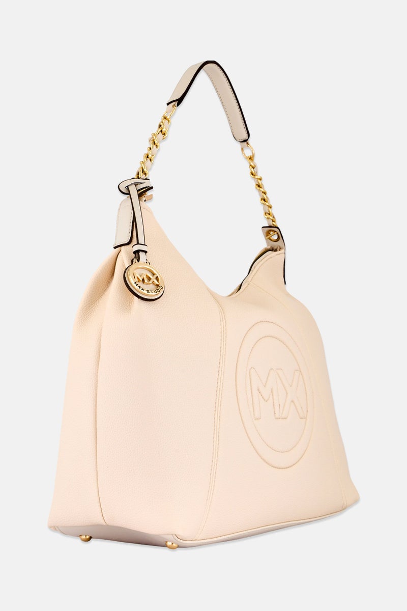 Max Studio Women Signature Logo Pebble Grain Hobo Bag, Ivory - Image 3