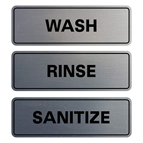 All Quality Standard WASH RINSE SANITIZE Set of 3 Bay Sink Signs - Restaurant & Commercial Kitchen Sink Signs - Easy to Install - Silver (Large) - Image 1