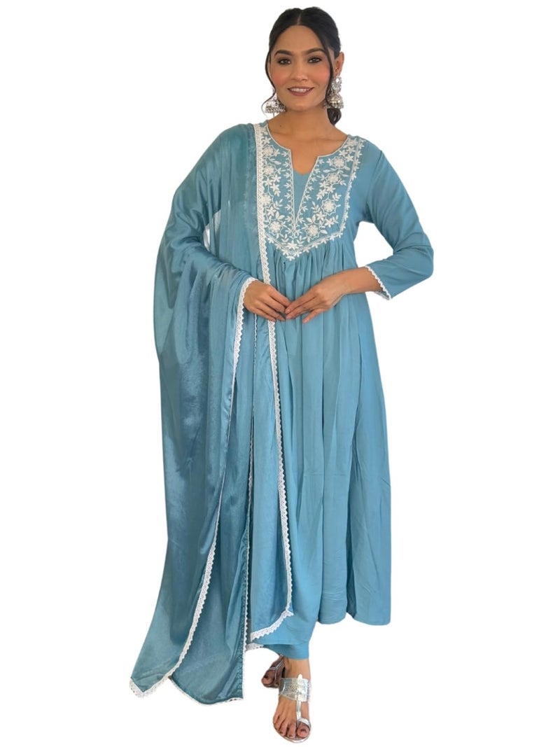 Naixa Women's Firoji BSY Viscose Embroidered Flared Kurta with BSY Viscose Pant and Chinon Laced Dupatta Sets (NX-686-Firoji-3XL) - Image 1