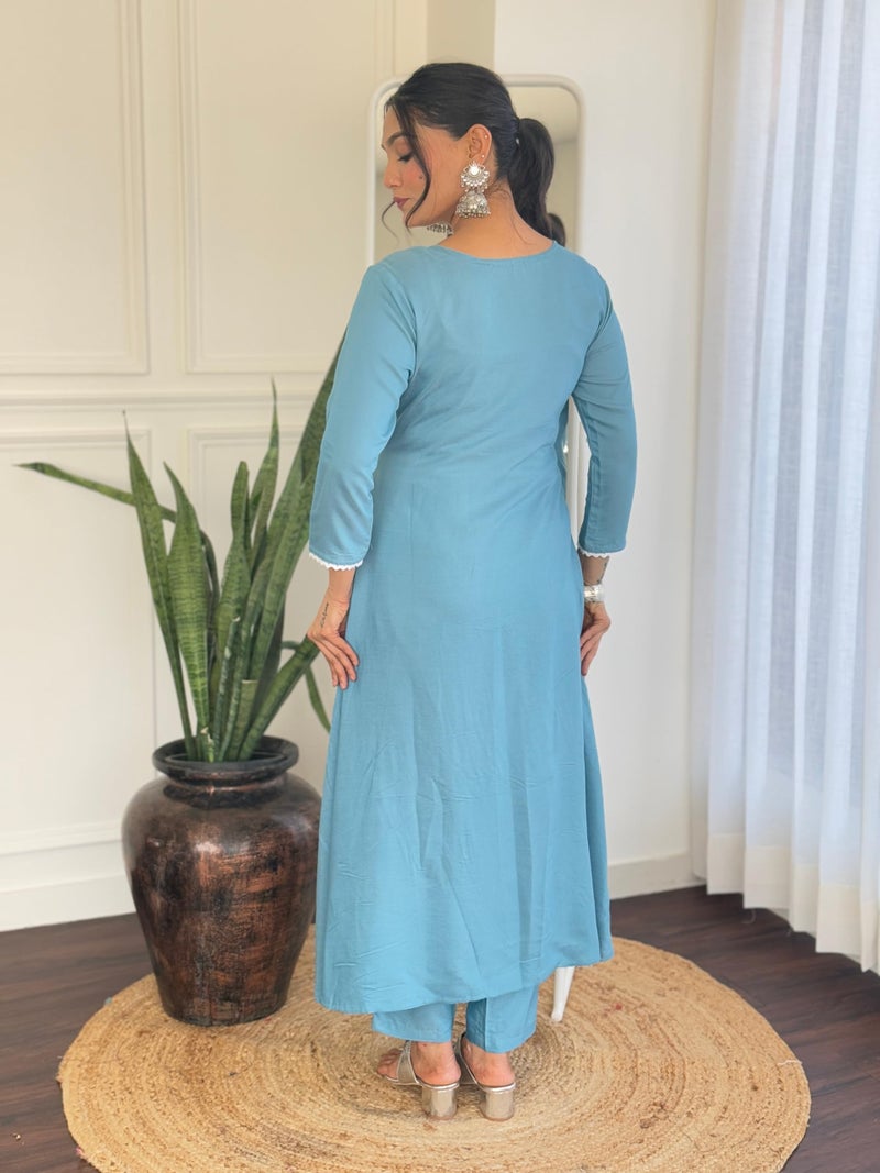 Naixa Women's Firoji BSY Viscose Embroidered Flared Kurta with BSY Viscose Pant and Chinon Laced Dupatta Sets (NX-686-Firoji-3XL) - Image 4