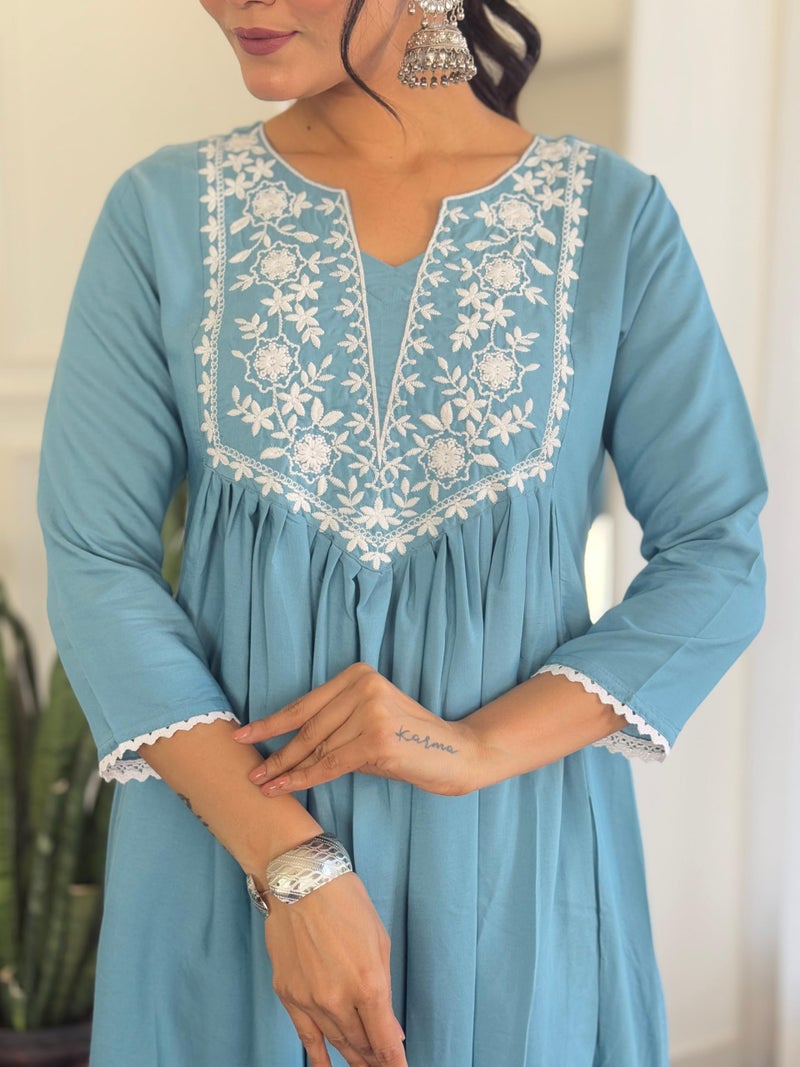Naixa Women's Firoji BSY Viscose Embroidered Flared Kurta with BSY Viscose Pant and Chinon Laced Dupatta Sets (NX-686-Firoji-3XL) - Image 5