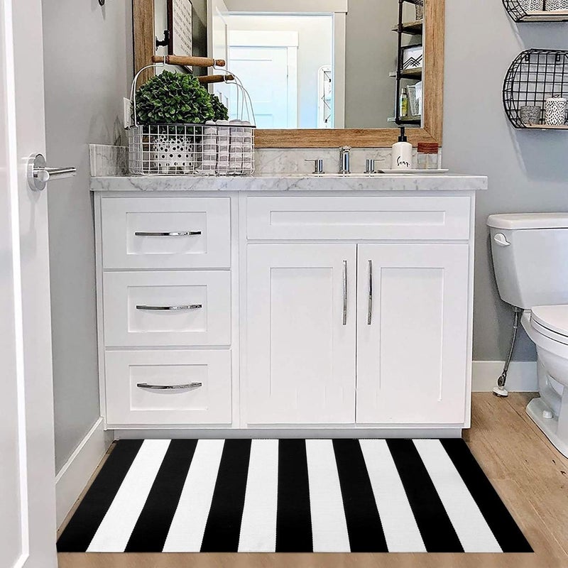 KOZYFLY Black and White Striped Runner Rug 2x4.3 Ft Washable Hallway Runner Rug Farmhouse Kitchen Hand Woven Cotton Indoor Outdoor Rug for Front Door Kitchen Hallway Bedroom Laundry Room - Image 2