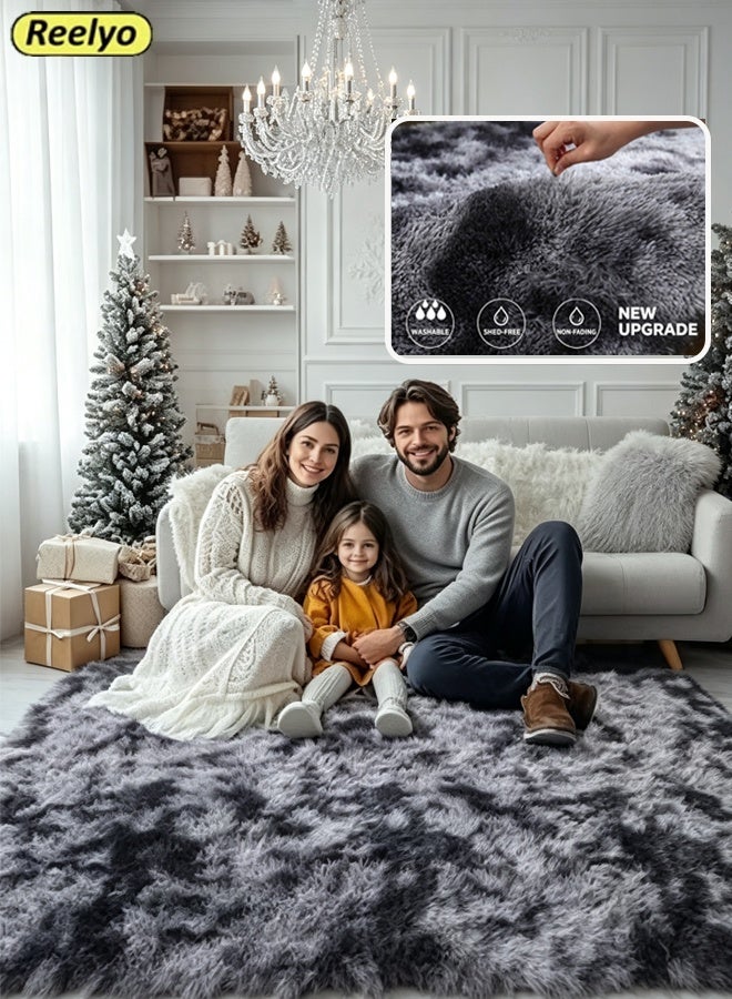 Reelyo Ultra Soft Fluffy Shaggy Area Rug, Large Plush Furry Shag Carpet, Machine Washable Anti-Slip Indoor Floor Rug, Bedside Rug for Bedroom Living Room Kids Nursery Boys Girls Home Decor, Square, Dark Grey - Image 1