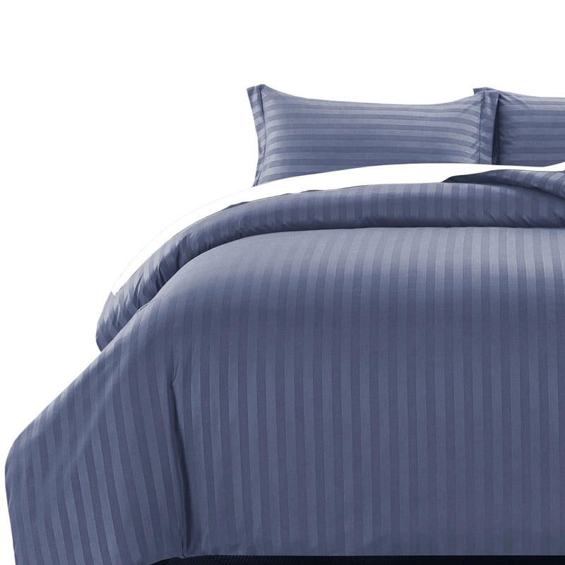 MOONLIGHT20015 Double Duvet Set Reversible Stripes Satin Double Bedding Set with 2 Pillowcases Soft Hypoallergenic Duvet Cover Washed Blue 200x200 CM
