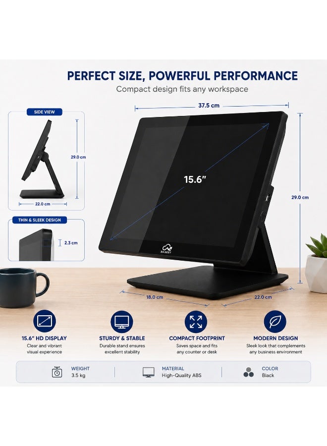 BASEET BAS-156R1 All-in-One POS System | Intel Core i5 4th Gen | 15.6" Touch Screen | 8GB RAM | 128GB SSD | WiFi, Bluetooth, LAN Ethernet & 5 USB Ports for Retail & Restaurant POS - Image 2