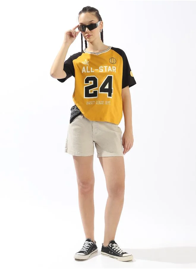 هوبرهولمي Women's Multicolour 100% Cotton Printed Boxy Fit T-Shirt