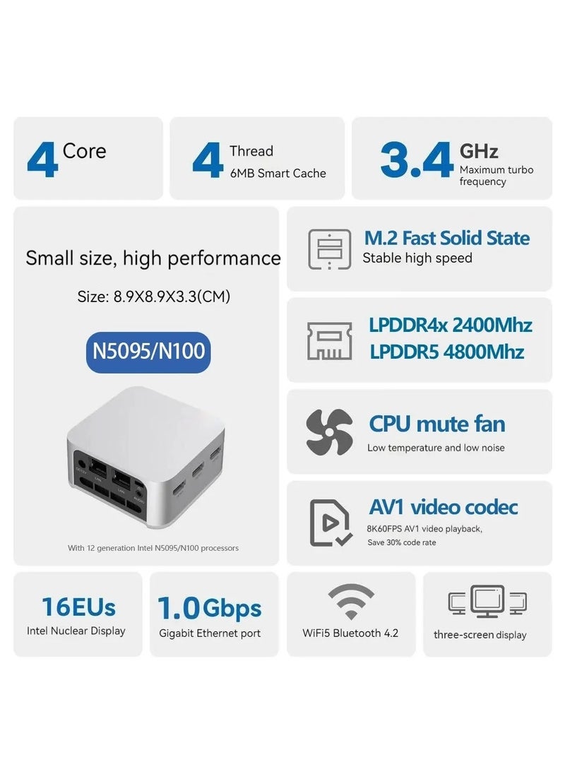 AROAQ - T8 Pro Plus Mini PC Intel 11th Gen Jasper Lake Celeron N5095 Desktop Gaming Computer 8GB 256GB DDR4 WIFI5 BT4.2 - Image 1