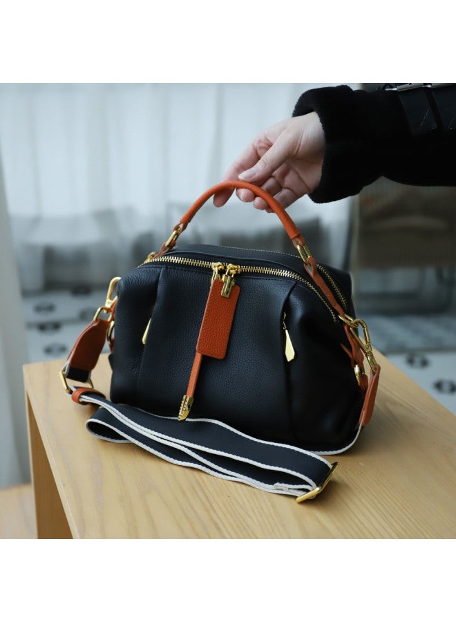 Jiulong Order New Women's Bag All-match First Layer Cowhide Contrast Color Women's Portable Shoulder Boston Bag - Image 3