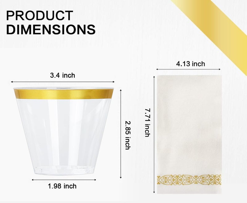 M MCIRCO 175 Piece Gold Dinnerware Set - 50 Gold Rim Plastic Plates - 25 Gold Plastic Silverware - 25 Gold Plastic Cups - 25 Gold Paper Napkins  25 Guest Disposable Gold Dinnerware Set - Image 4