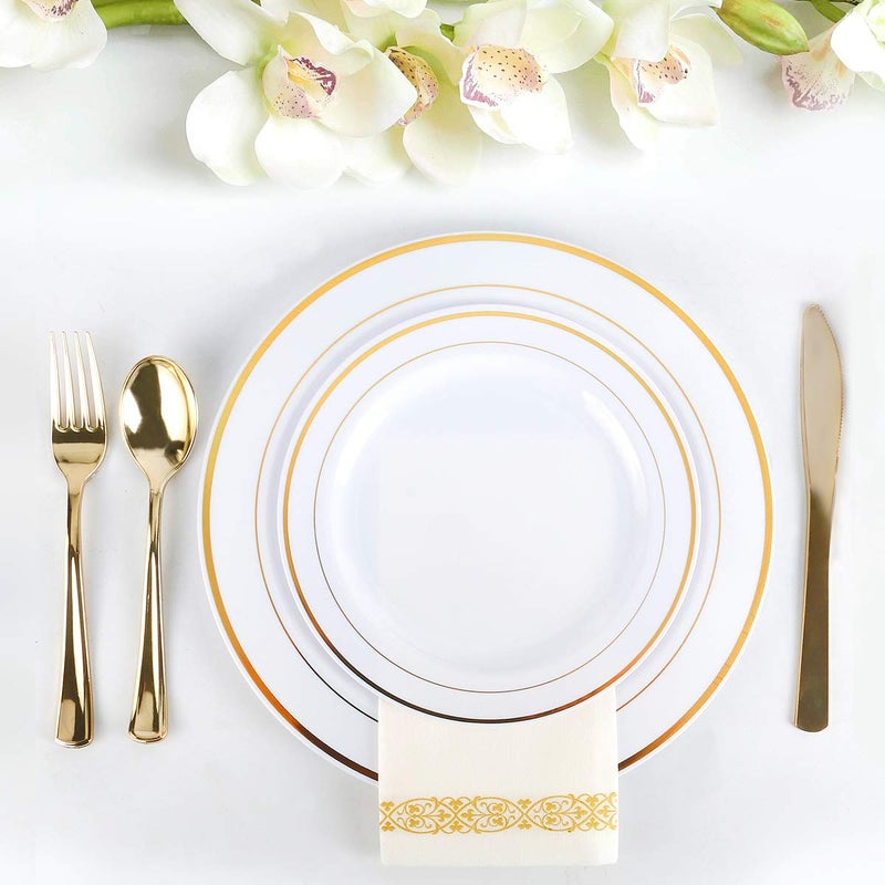 M MCIRCO 175 Piece Gold Dinnerware Set - 50 Gold Rim Plastic Plates - 25 Gold Plastic Silverware - 25 Gold Plastic Cups - 25 Gold Paper Napkins  25 Guest Disposable Gold Dinnerware Set - Image 5