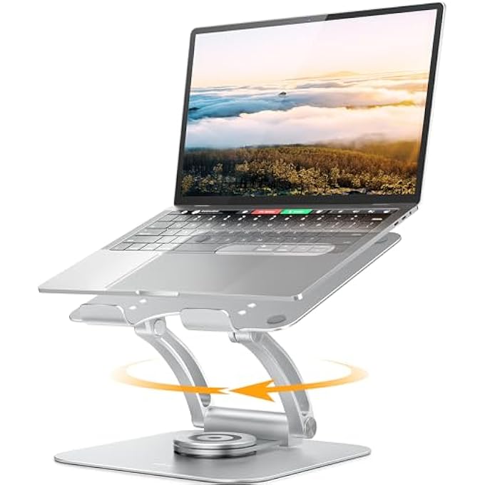 rayihni LAPTOP STAND FOR DESK WITH 360 ROTATING BASE, ERGONOMIC HEIGHT ANGLE ADJUSTABLE LAPTOP RISER WITH HEAT-VENT COMPUTER STAND HOLDS UP TO 22LBS COMPATIBLE WITH ALL LAPTOP NOTEBOOK MACBOOK SILVER - Image 1