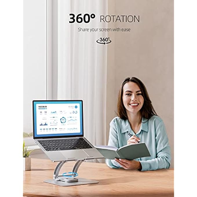 rayihni LAPTOP STAND FOR DESK WITH 360 ROTATING BASE, ERGONOMIC HEIGHT ANGLE ADJUSTABLE LAPTOP RISER WITH HEAT-VENT COMPUTER STAND HOLDS UP TO 22LBS COMPATIBLE WITH ALL LAPTOP NOTEBOOK MACBOOK SILVER - Image 2