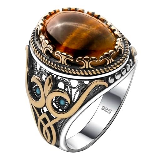 Babylon Silver Men's Natural Tiger Eye Stone Oval Ring in Genuine Solid 925 Sterling Silver Accented with Bronze, Handmade Authentic Vintage Turkish Ottoman Style (Tiger Eye, 6) - Image 1