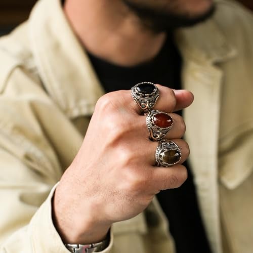 Babylon Silver Men's Natural Tiger Eye Stone Oval Ring in Genuine Solid 925 Sterling Silver Accented with Bronze, Handmade Authentic Vintage Turkish Ottoman Style (Tiger Eye, 6) - Image 5