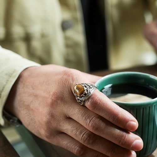 Babylon Silver Men's Natural Tiger Eye Stone Oval Ring in Genuine Solid 925 Sterling Silver Accented with Bronze, Handmade Authentic Vintage Turkish Ottoman Style (Tiger Eye, 6) - Image 2