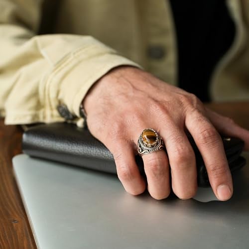 Babylon Silver Men's Natural Tiger Eye Stone Oval Ring in Genuine Solid 925 Sterling Silver Accented with Bronze, Handmade Authentic Vintage Turkish Ottoman Style (Tiger Eye, 6) - Image 3