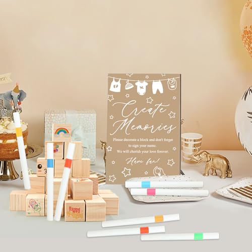 ZCPTZ 97 Pcs Baby Shower Games Sign Kit,Including Decorate a Block Game Sign 72 DIY Blank Wooden Block 24 Pen to Draw Your Idea for Baby Shower Game Gender Reveal Party - Image 5
