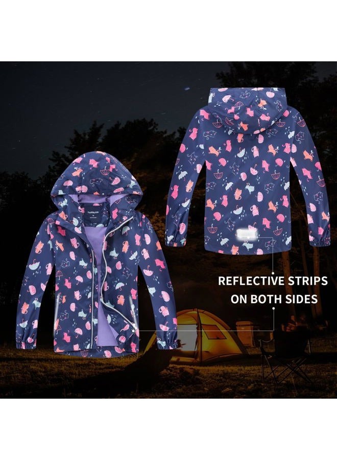 MGEOY Girls Rain Jacket Lightweight Waterproof Hooded Cotton Lined Rain Coat Windbreaker for Kids Blue 7/8 - Image 3