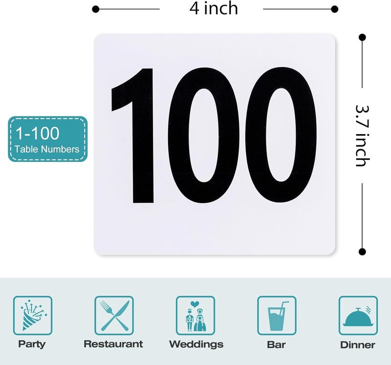 Toncoo 100 قطعة أرقام الطاولات 1-100، 3.7x4 بوصة أرقام طاولات بلاستيكية، بطاقات أرقام طاولة مزدوجة الجوانب - لحفلات الزفاف، استقبال المطاعم، بطاقات أماكن الطاولات، بيضاء - Image 2