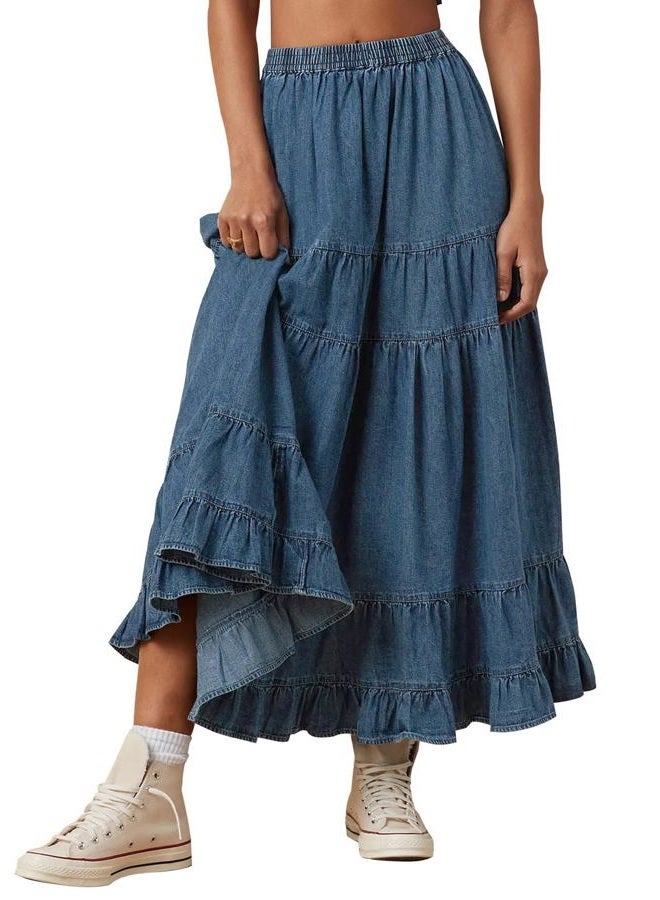 YEXPINE Women's Swing Chambray Maxi Skirt Elastic Waist Pleated Tiered Flowy Long Skirts Retro Denim Skirt, Light Blue, XL - Image 1