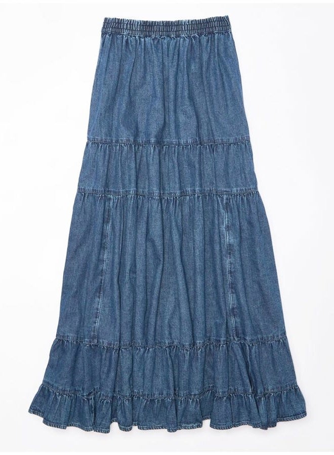 YEXPINE Women's Swing Chambray Maxi Skirt Elastic Waist Pleated Tiered Flowy Long Skirts Retro Denim Skirt, Light Blue, XL - Image 5
