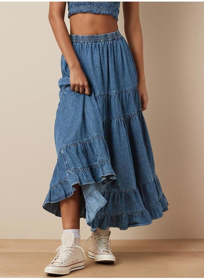 YEXPINE Women's Swing Chambray Maxi Skirt Elastic Waist Pleated Tiered Flowy Long Skirts Retro Denim Skirt, Light Blue, XL - Image 2