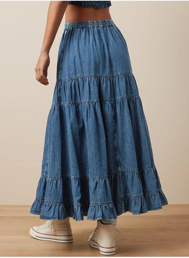 YEXPINE Women's Swing Chambray Maxi Skirt Elastic Waist Pleated Tiered Flowy Long Skirts Retro Denim Skirt, Light Blue, XL - Image 4