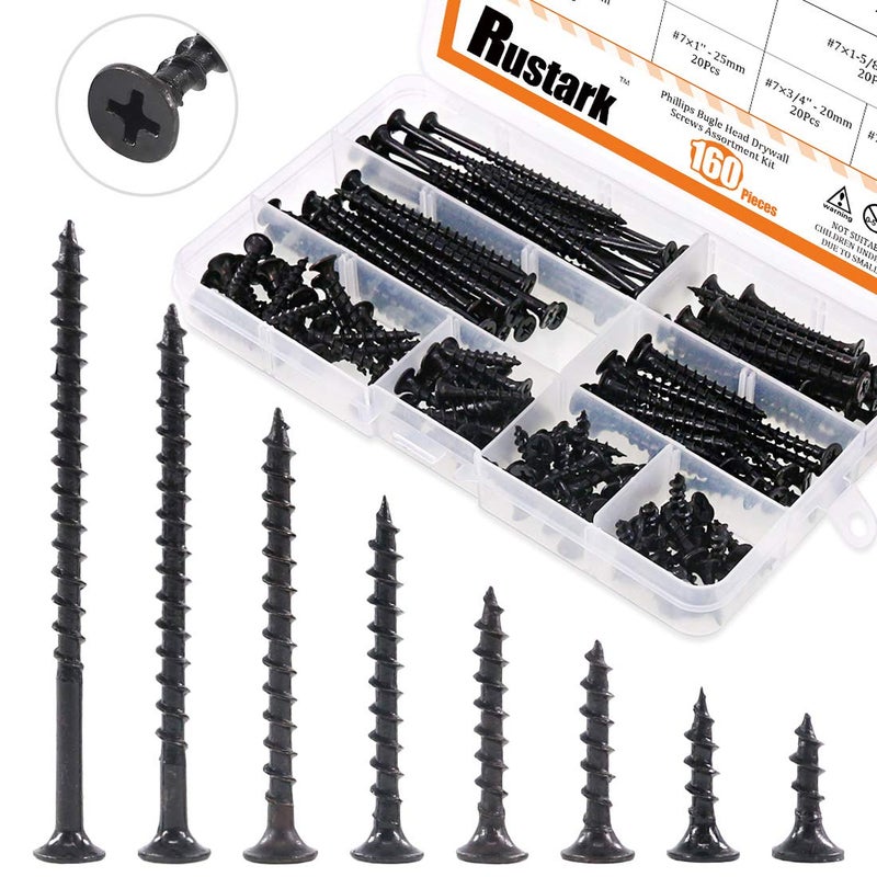Rustark 160-Pcs #7 Coarse Thread Drywall Screw with Phillips Drive Black Oxide Finsh Bugle Head Wood Screws Assortment Kit Ideal for Drywall Sheetrock - Image 1