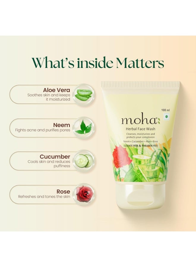 Moha: Herbal Face Wash with Neem, Rose, Cucumber & Aloe Vera for Clean, Glowing & Ideal Face Wash for Women & Men - 100 Ml (Pack of 2) - Image 3
