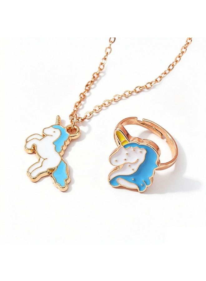 Children's Unicorn Necklace and Ring Set, Alloy Pendant Jewelry Gift - Image 1