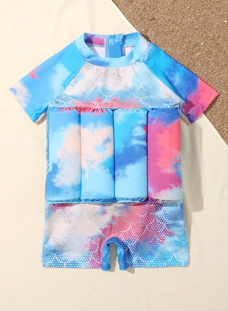 SYOSI Kids Baby One-Piece Floatation Swimsuit Float Suit with Adjustable Buoyancy Bathing Suit Cartoon Short Sleeve Swimwear Jumpsuit(3-4 Years, Blue + Fish Scales) - Image 3