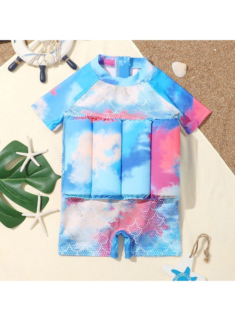 SYOSI Kids Baby One-Piece Floatation Swimsuit Float Suit with Adjustable Buoyancy Bathing Suit Cartoon Short Sleeve Swimwear Jumpsuit(3-4 Years, Blue + Fish Scales) - Image 2